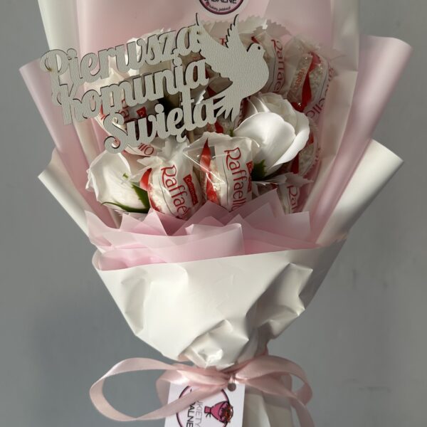 Bukiet Rafaello – Pierwsza Komunia Święta 12 szt Rafaello i 3 róże biało różowy